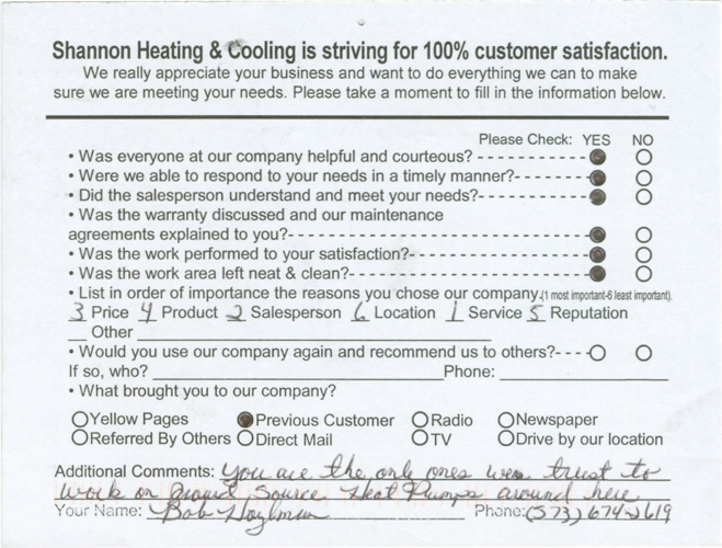 HVAC testimonial Note Shannon Heating and Cooling, In. Mountain Grove, Mo
