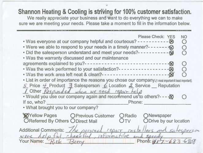 client testimonial Note Shannon Heating and Cooling, In. Mountain Grove, Mo