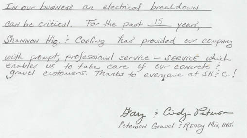HVAC testimonial Note Shannon Heating and Cooling, In. Mountain Grove, Mo
